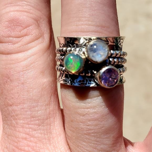 New Ethiopian Opal Multi Gemstone 925 Silver Spinner Meditation Ring. - Picture 12 of 13